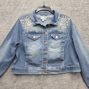 Copper Flash Womens Embroidered Denim Jacket Cadence Blue Rhinestone Button 1X